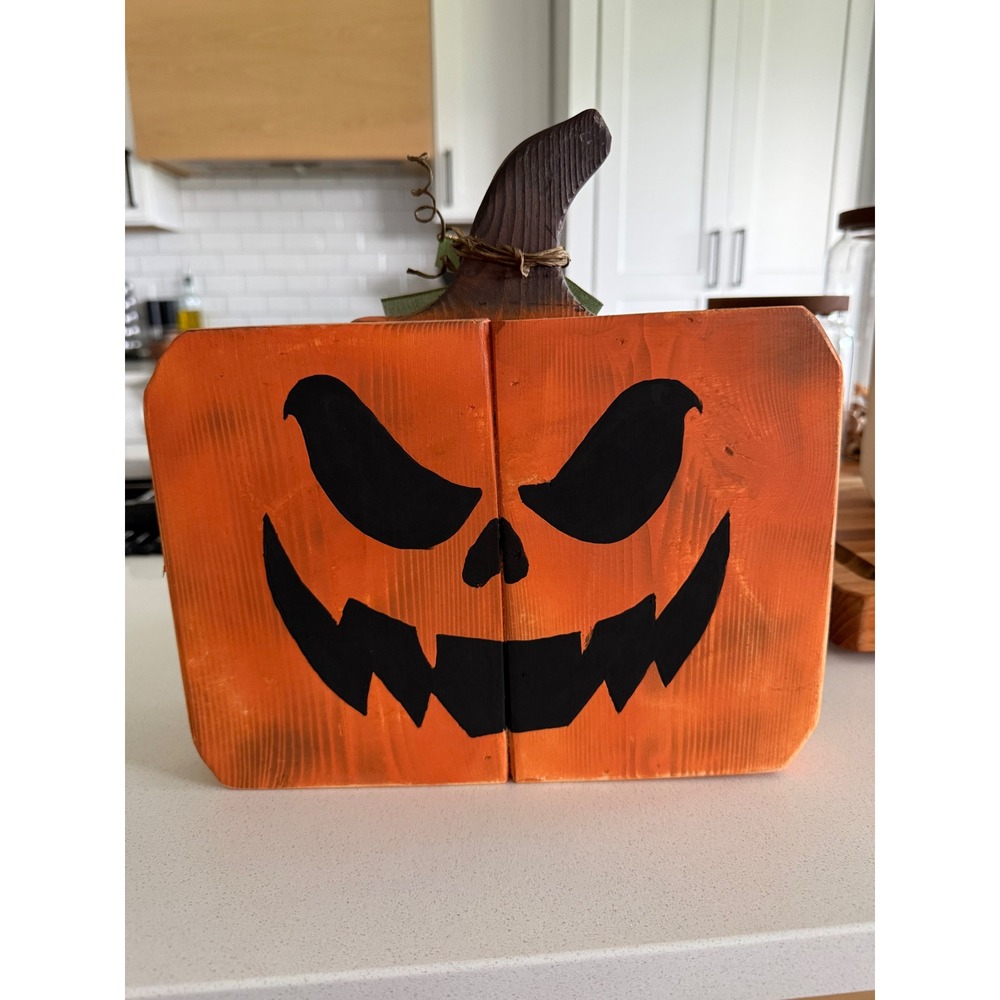Reversible Wood Pumpkin Jack-O-Lantern Halloween Fall Decor Block Sign Rustic
